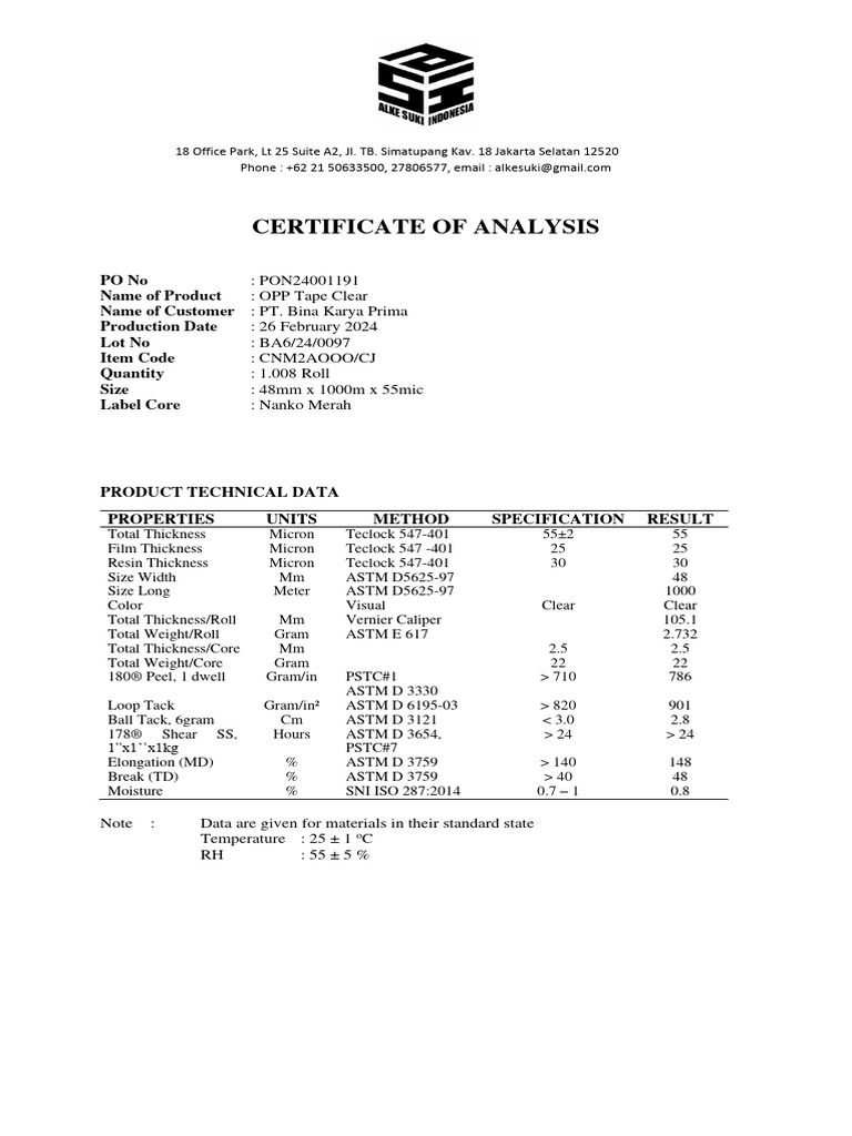 Certificate of Analysis for OPP Tape | PDF