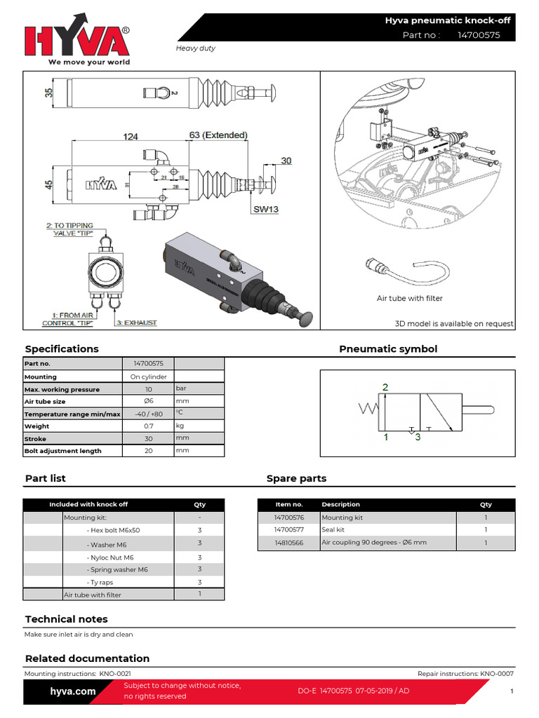 Hyva Pneumatic Knock-Off Kit 14700575 | PDF | Screw | Valve