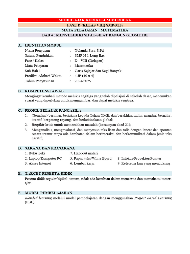 Modul Ajar Matematika Fase D Kelas 8 Bab 4 1 Silabus Web Id Pdf