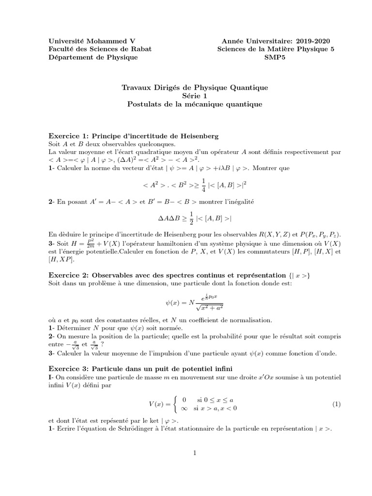 Exercices de Mécanique Quantique S5 | PDF | Mécanique quantique | Physique