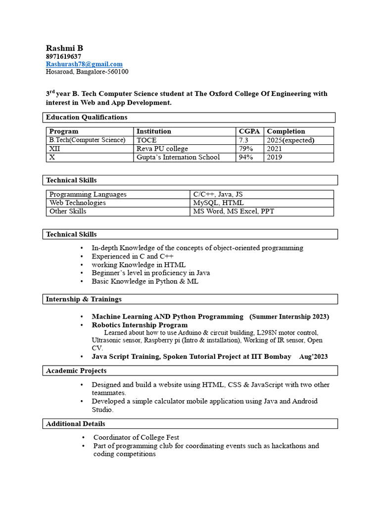 B.Tech Computer Science Student Profile | PDF | Computers