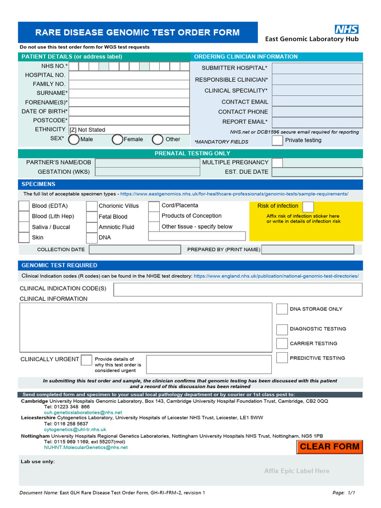 Rare Disease Genomic Test Order Form | PDF | Clinical Medicine | Medicine