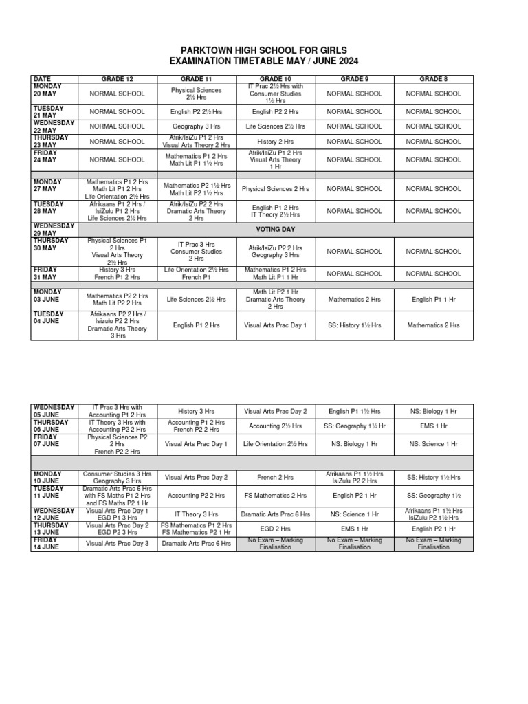 Parktown High School Exam Timetable 2024 | PDF | Human Resource ...