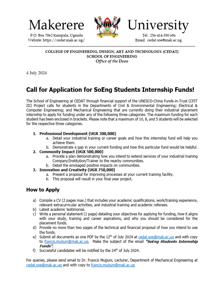 Call For Application For Students Internship Funds - 240705 - 074027 ...