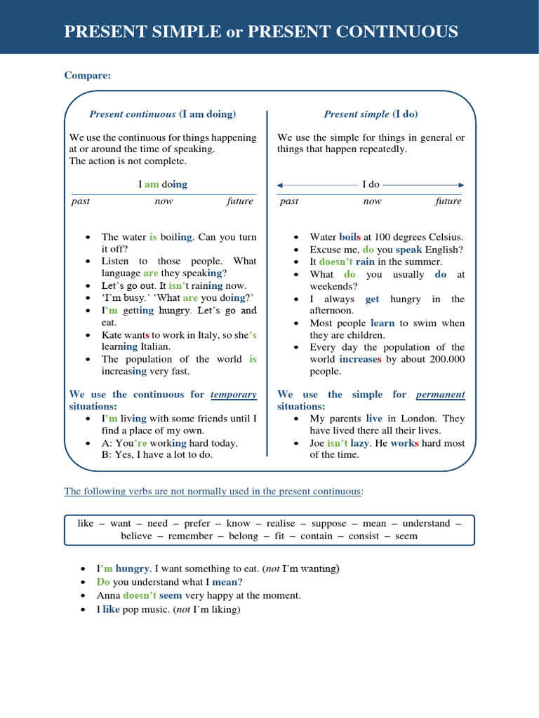 Present Simple vs Continuous Guide | PDF