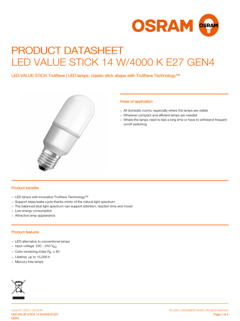 LED VALUE STICK 14 W 4000 K E27 GEN4 en | PDF | Light Emitting Diode ...