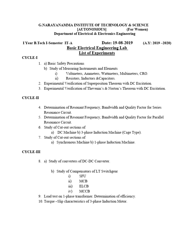 BEE LAB & Course Plan IT | PDF | Electric Motor | Transformer
