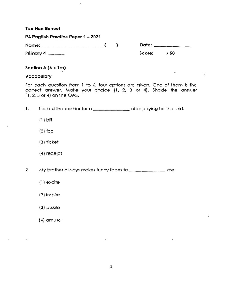 2021 P4 English Practice Paper - Tao Nan | PDF