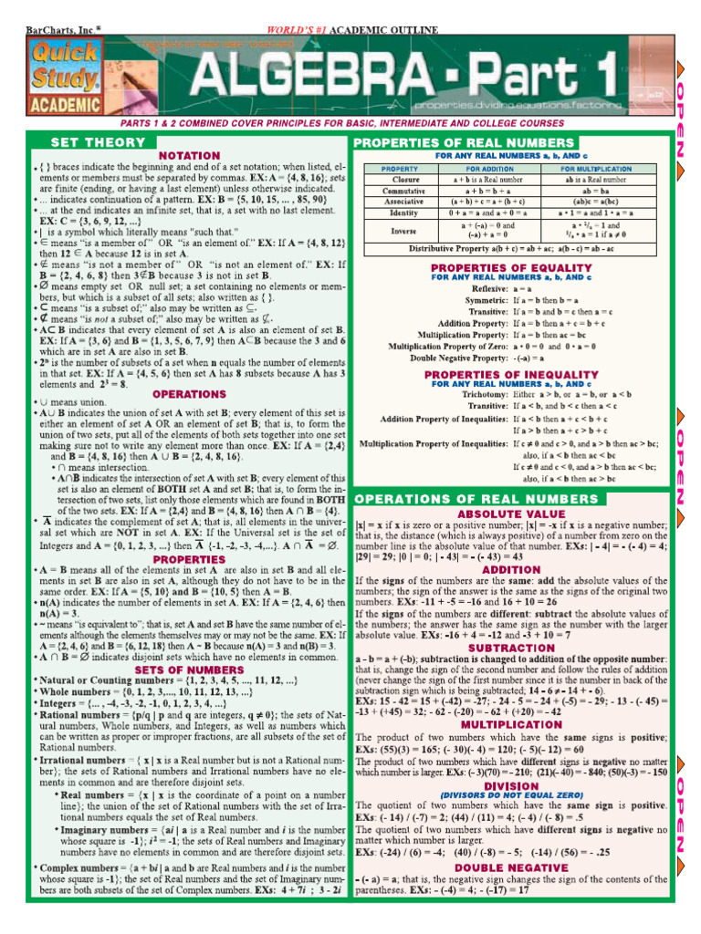BarCharts QuickStudy Reference Guide Algebra I | PDF