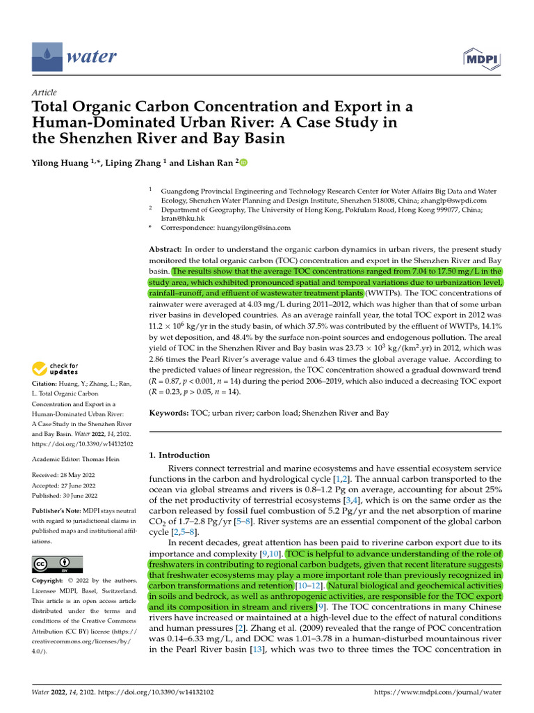 Total Organic Carbon Concentration and Export in A Human-Dominated ...