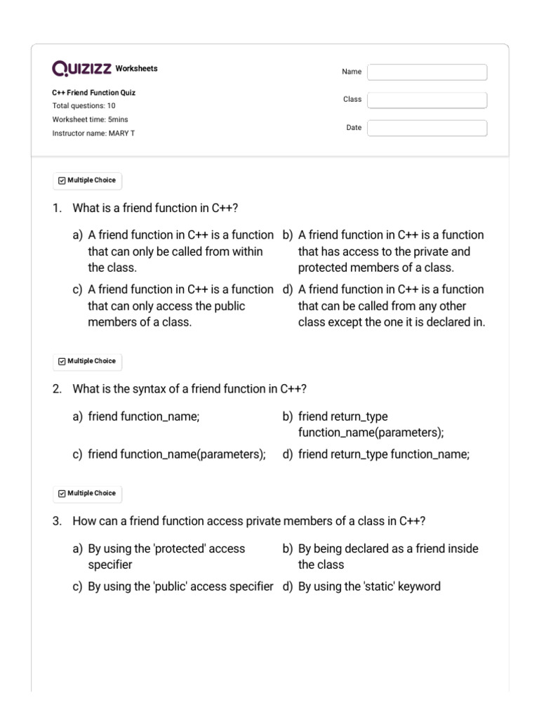 C++ Friend Function Quiz Worksheet | PDF | C++ | Class (Computer ...