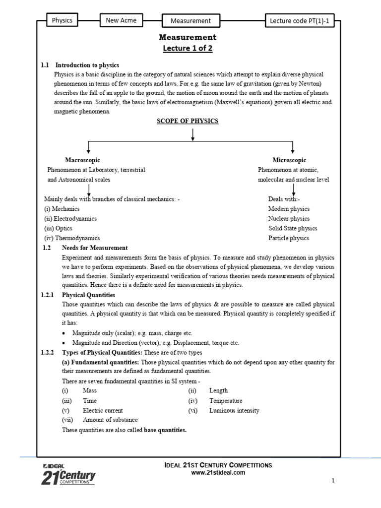 Lecture 1 of 2: Measurement | PDF | International System Of Units | Physics
