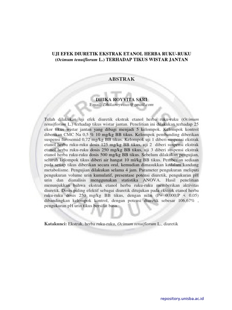 Uji Efek Diuretik Ekstrak Etanol Herba R Pdf Wellness