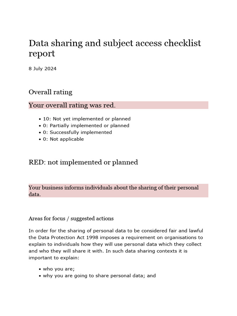 Data Sharing and Subject Access Checklist Report | PDF | Information ...