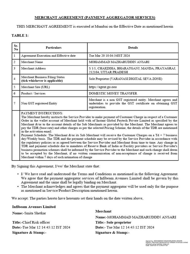 Merchant Agreement with Infibeam Avenues | PDF | Payments | Banks