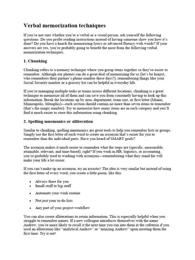 Effective Verbal Memorization Techniques | PDF | Mental Processes ...