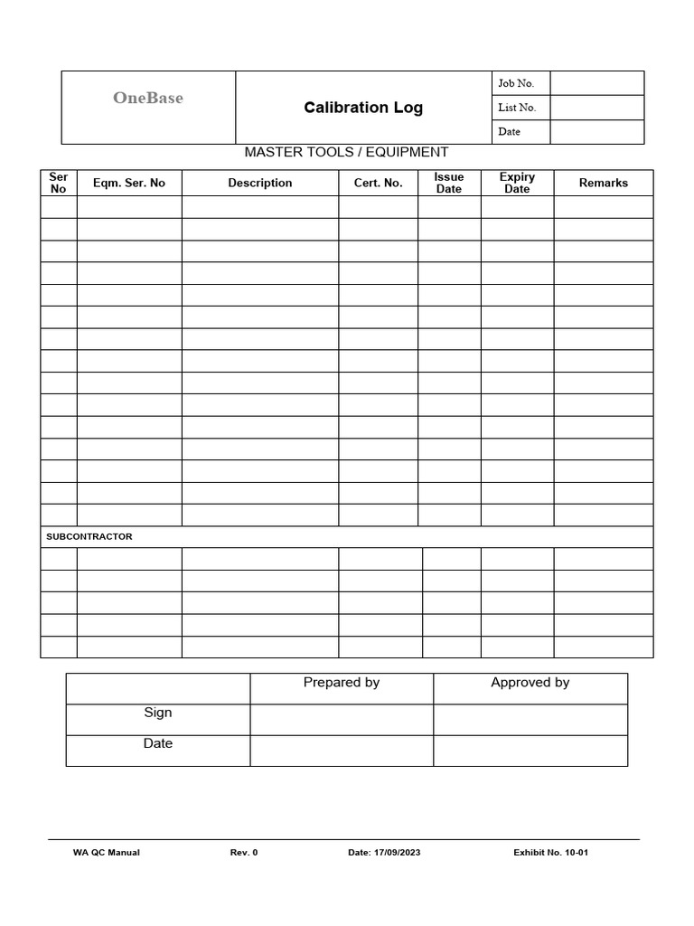 1001 Calibration Log PDF