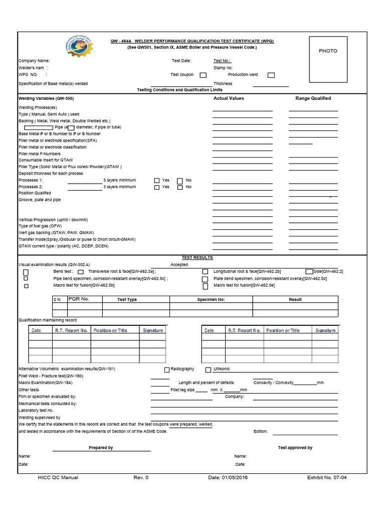 07-04 Welder Performance Qualification Record | PDF | Welding ...