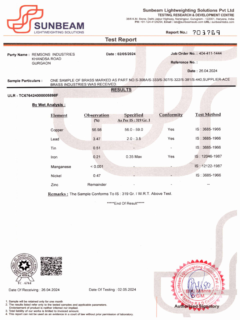 Test Report for Brass and Steel Samples | PDF | Chemical Elements ...