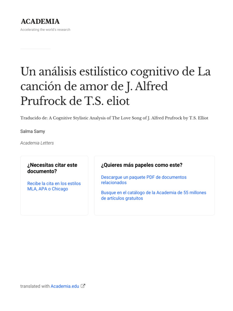 A Cognitive Stylistic Analysis of The Love Song of J Alfred Prufrock by TS Elliot Es PDF
