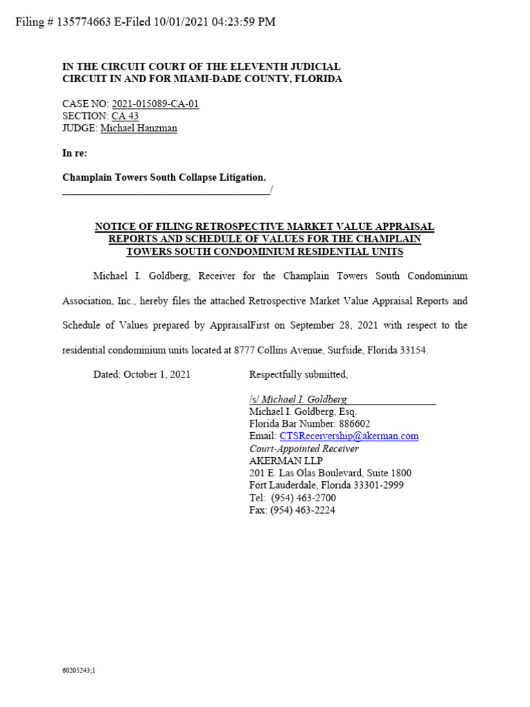 Notice of filing retrospective market value appraisal reports schedule
