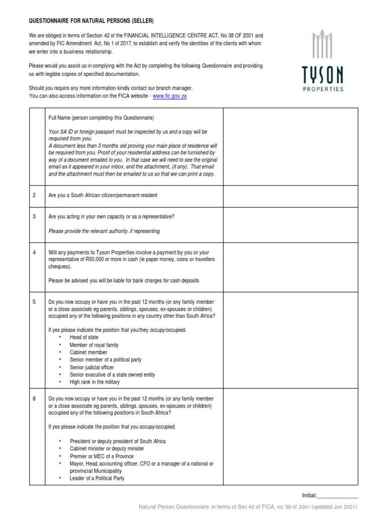 FICA Compliance Questionnaire for Sellers | PDF