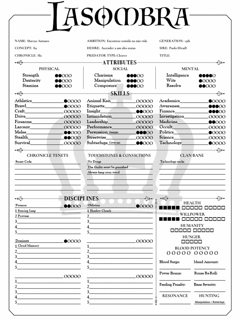 Vampire 5thedition minimalist 4 page lasombra interactive pdf