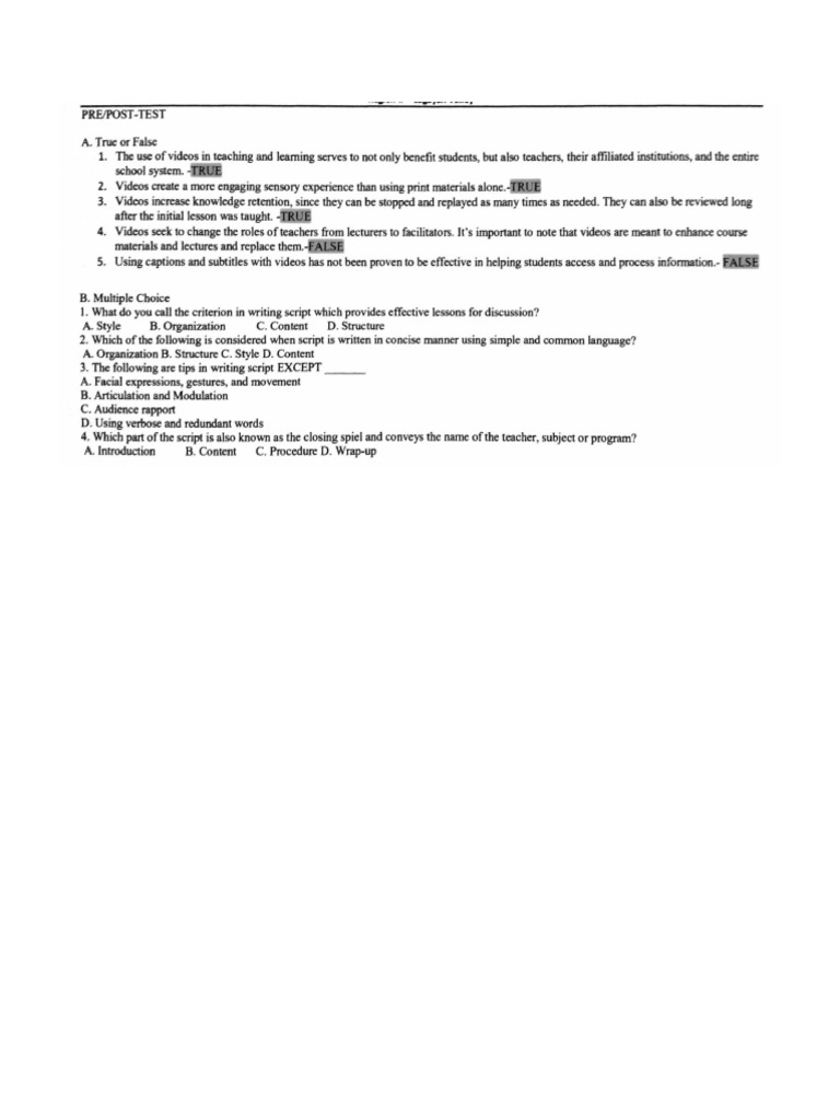 Pre test for science training pdf