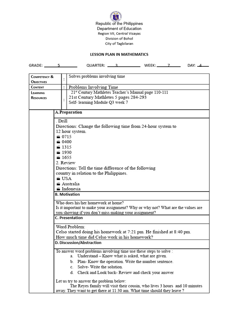 Grade 5 Math Lesson Plan: Time Problems | PDF | Homework | Cognition