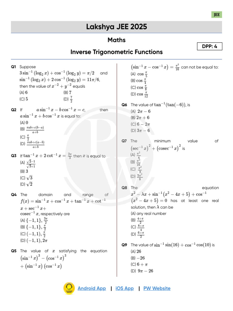 Inverse trigonometric functions dpp 04 of lec 06 lakshya jee 2025