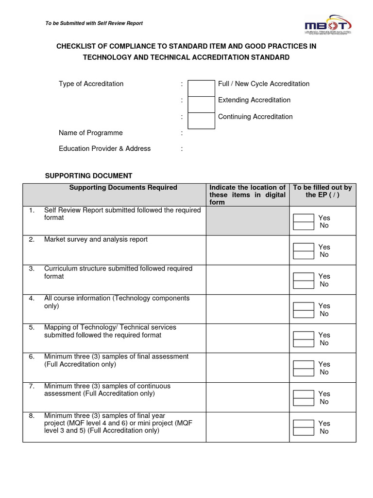 Checklist of Compliance To Standard Item and Good Practices in ...