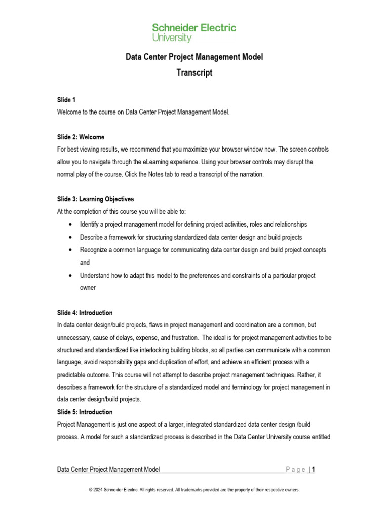 Data center project management model transcript pdf project