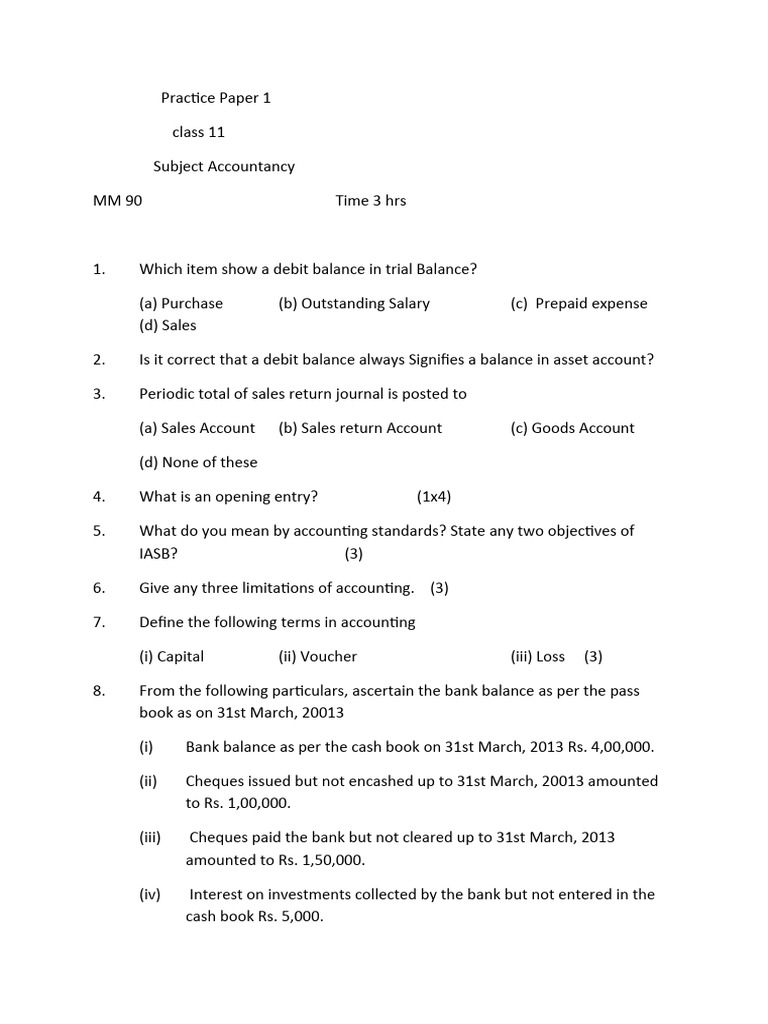 Class 11 Accountancy Practice Paper | PDF | Expense | Debits And Credits