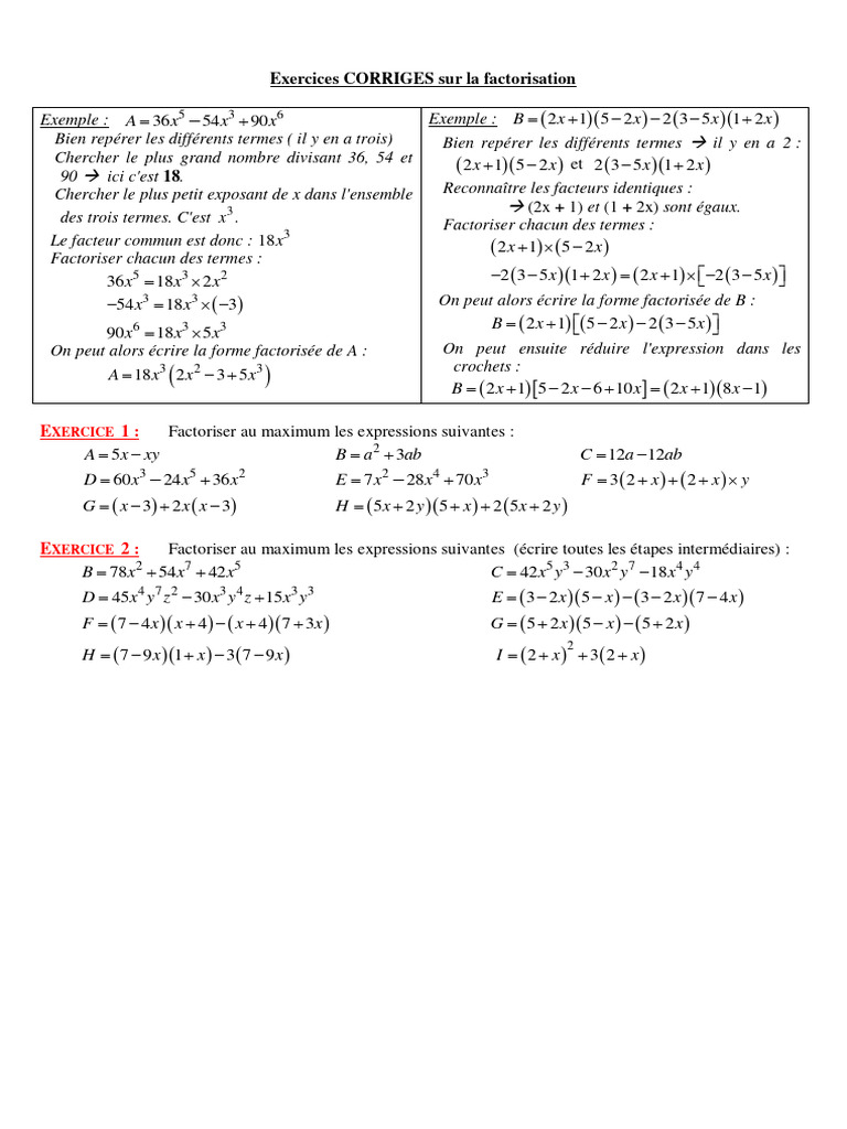 Exercices corrigés de factorisation | PDF | Factorisation ...