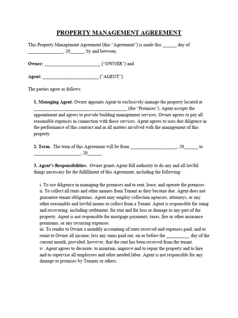 Property Management Agreement Pdf Renting Legal Liability