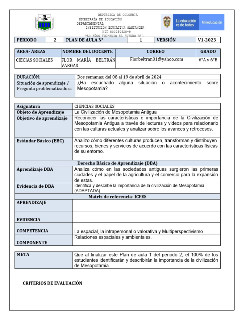 Plan de Aula 1.P2. Grado 6 - 2024 | PDF | Mesopotamia | Aprendizaje