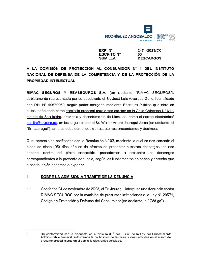 Descargos de RIMAC ante denuncia del consumidor | PDF | Póliza de ...
