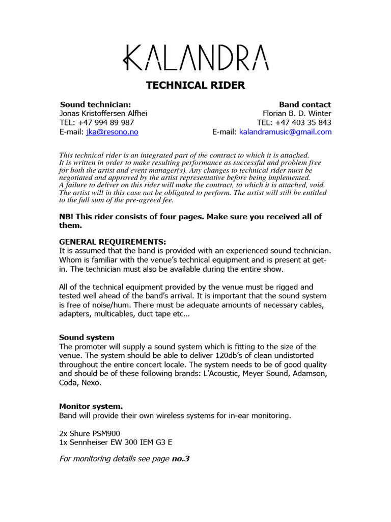 Kalandra - TRIO - Technical Rider - 2017 V5 | PDF | Sound Technology ...