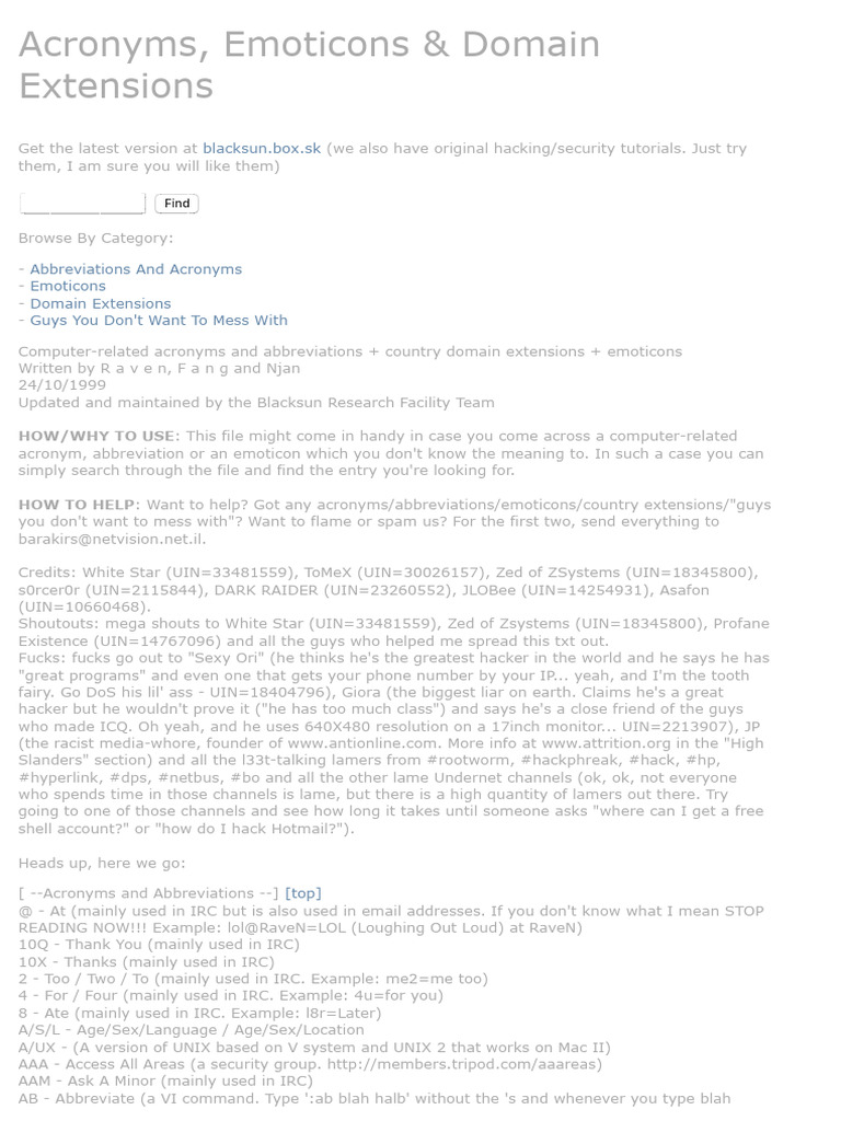 Computer Related Acromyms & Emoticons (1999) | PDF | Internet Protocols ...