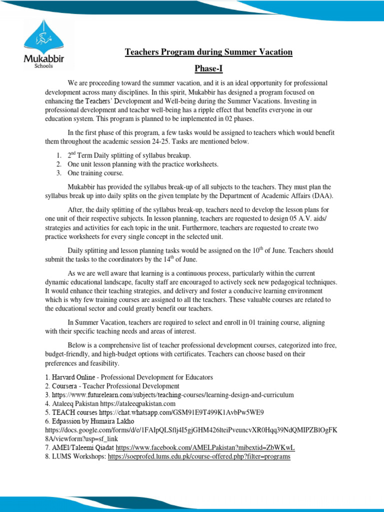 Summer Teacher Development Program | PDF | Teachers | Lesson Plan