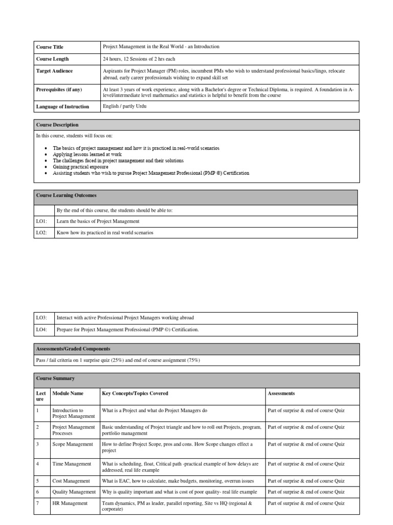 Project management course outline 1 download free pdf project