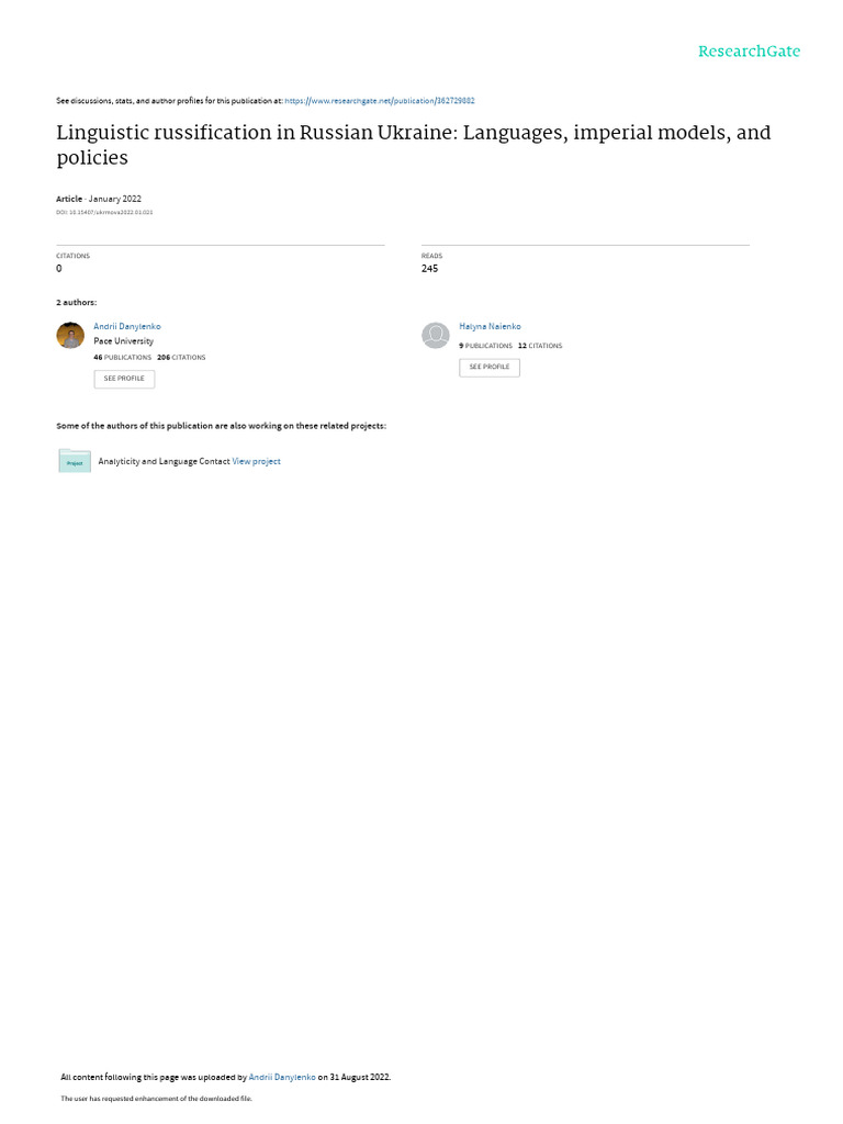 Danylenko and Naienko. Linguistic Russification in Russian Ukraine ...