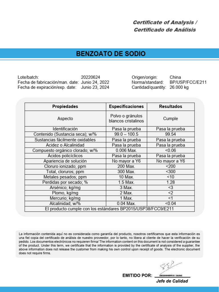 Ft. Benzoato de Sodio Q&N | PDF | Elementos químicos | Moléculas