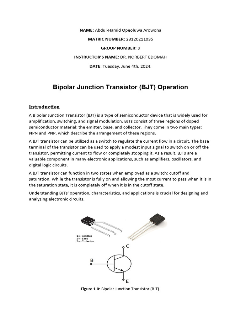BJT Transistor Operation PDF Bipolar Junction Transistor Transistor