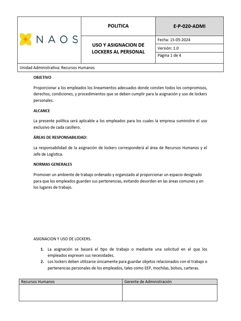 E-P-020-Admi Uso y Asignacion de Lockers Al Personal 2024 | PDF ...