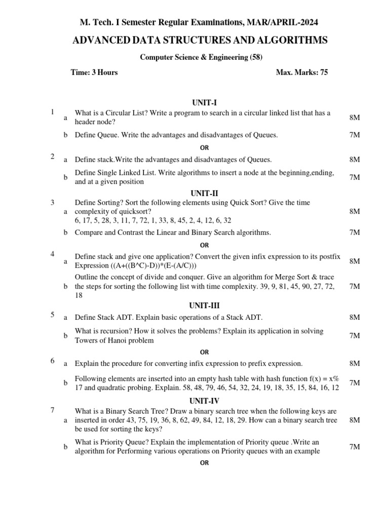Advanced Data Structures and Algorithms: M. Tech. I Semester Regular ...