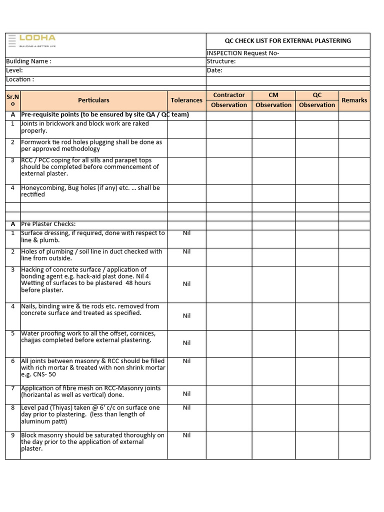 External Plastering QC Checklist | PDF | Plaster | Building Engineering