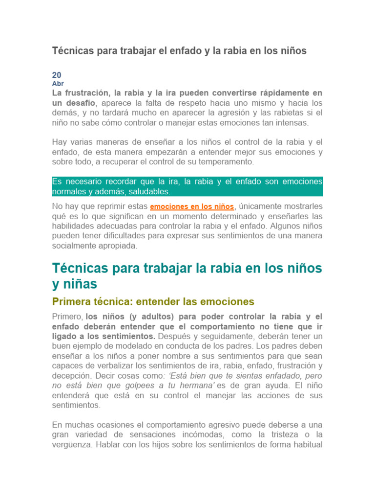 Controlar la rabia en niños: técnicas efectivas | PDF | Ira | Las emociones