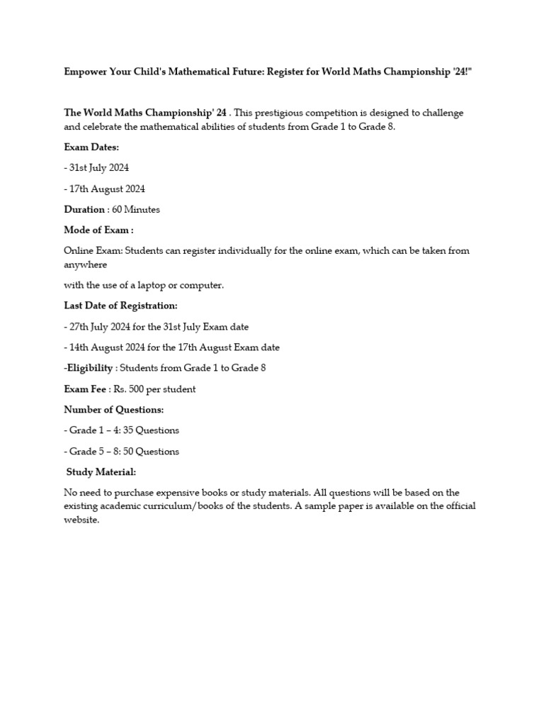 World Maths Championship '24 Registration | PDF | Mathematics | Learning