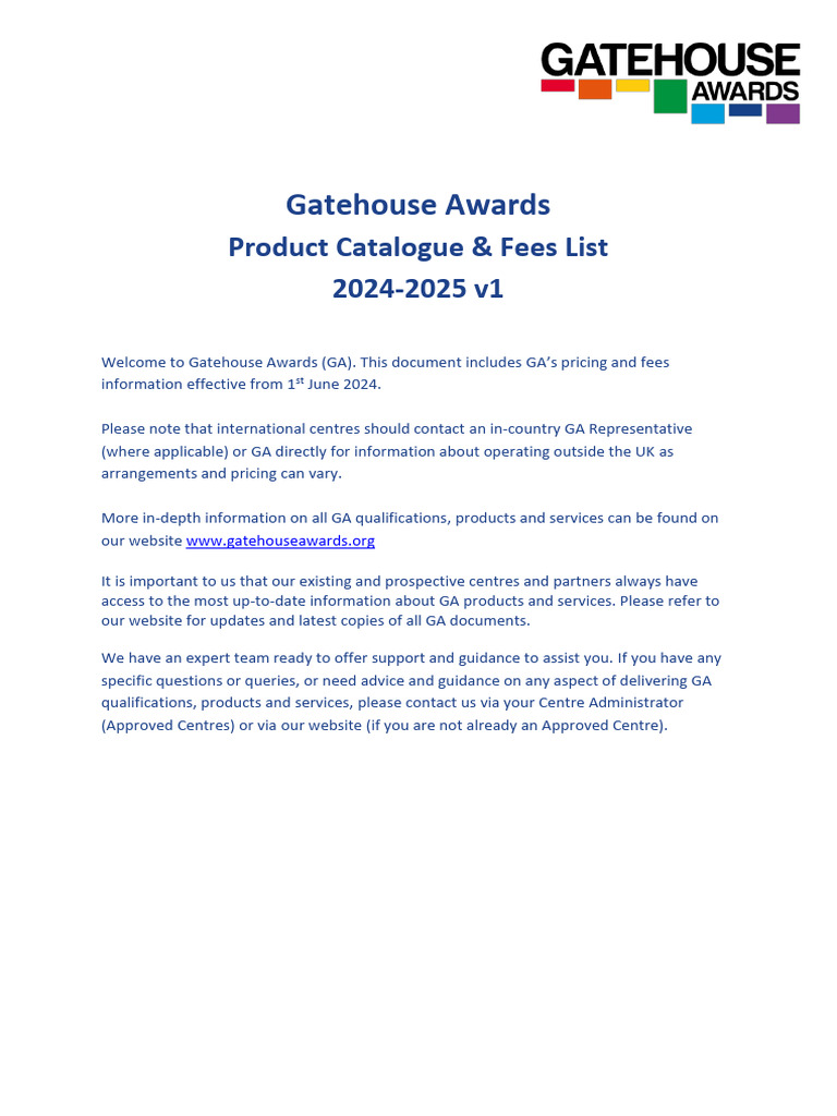 Gatehouse Awards Fees & Catalogue 2024-25 | PDF | English As A Second ...